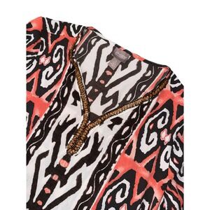 Chico's Women's Blouse Orange Brown Print Beaded V Neck‎ 3/4 Sleeve Size 1 or M